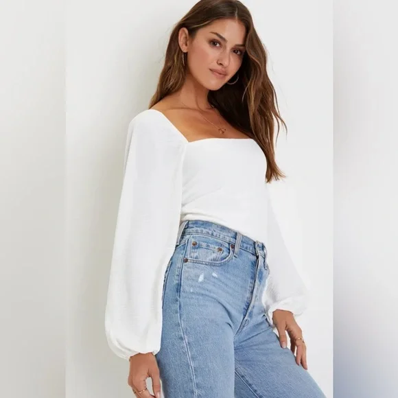 Lulus Abundance of Love White Textured Long Sleeve Tie-Back Bodysuit Small NEW - Picture 2 of 4